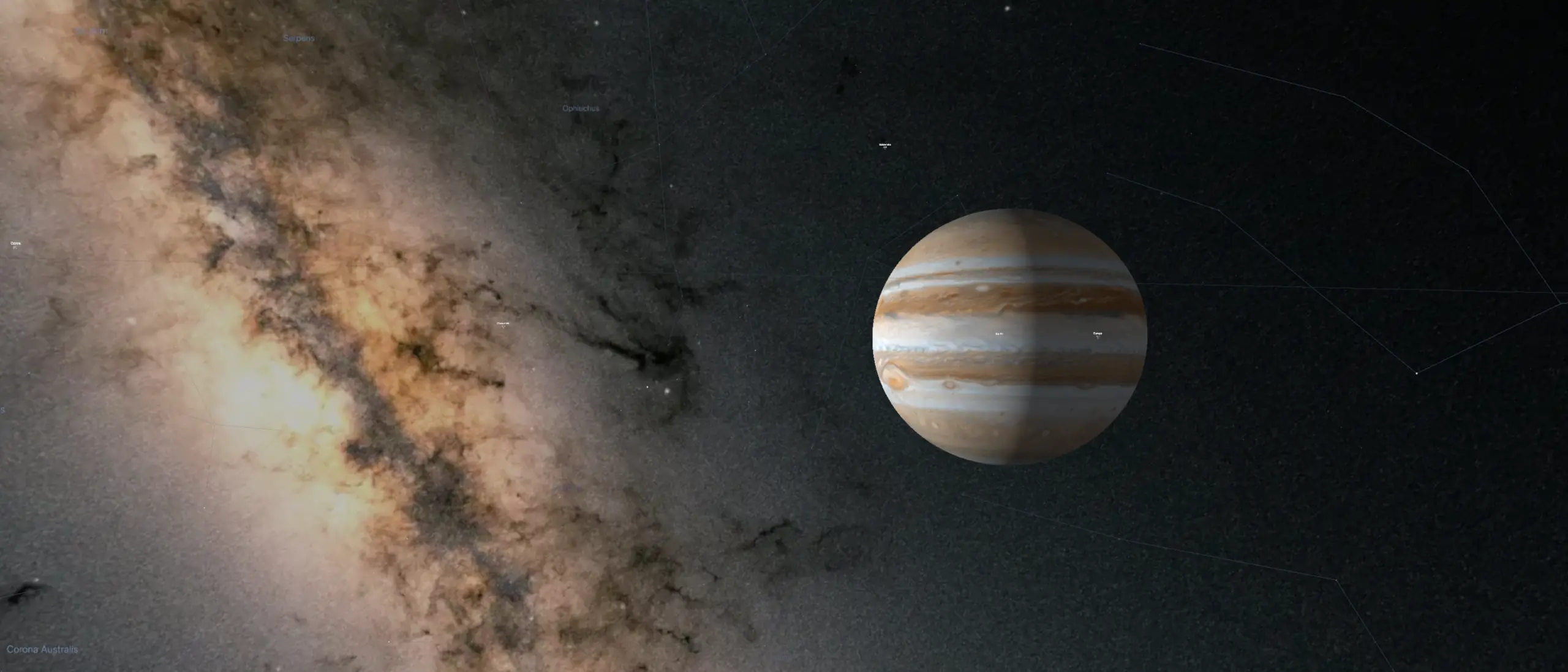 Jupiter seen from the surface of Io, beside the Milky Way, in the Luna space simulator