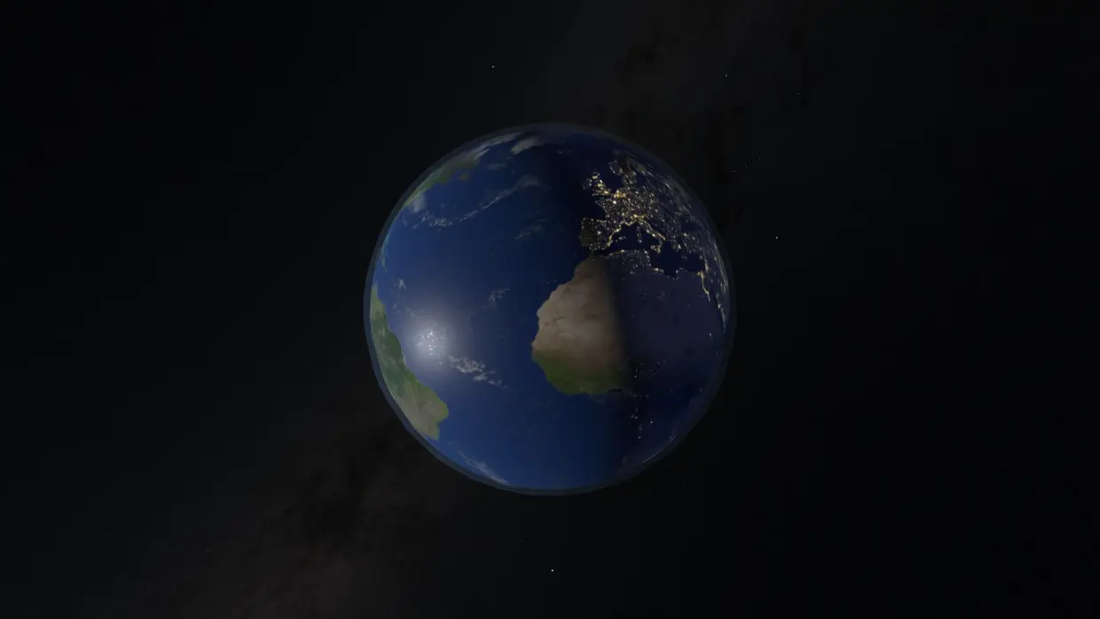 Earth at night, city lights on the dark side