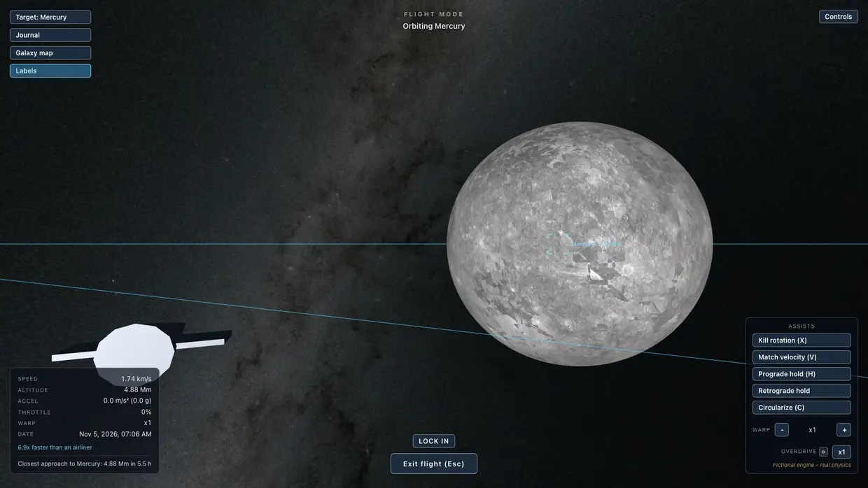 Flight mode, a ship near Mercury